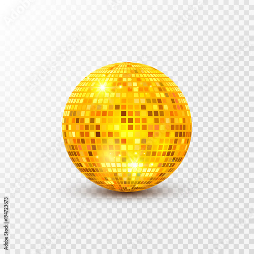 Disco ball isolated illustration. Night Club party light element. Bright mirror golden ball design for disco dance club
