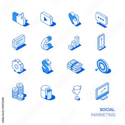 Isometric social marketing icons set. Line style 3D icons