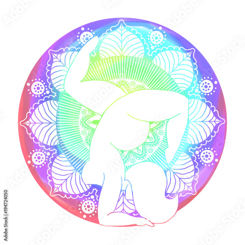 Yoga - woman silhouette on the energy background mandala, colors, vibration.