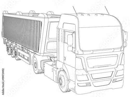 Dump truck vector illustration. Isolated white. Created illustration of 3d. Wire-frame.