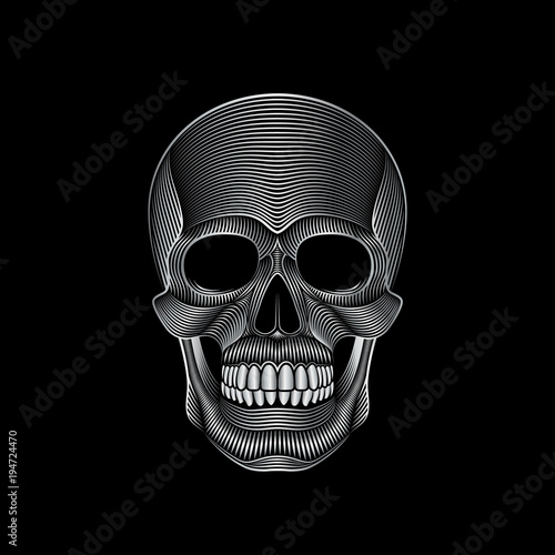 Graphic print of stylized silver skull on black background. Linear drawing.
