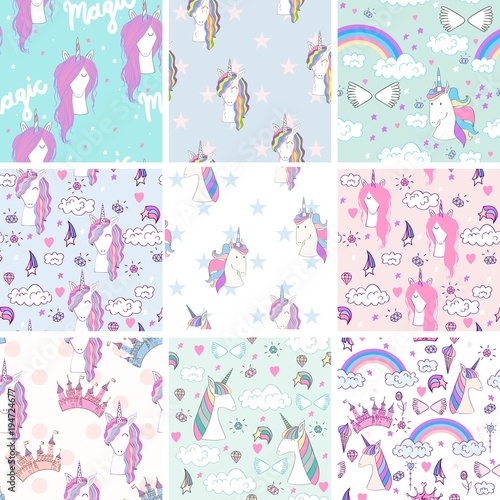 Vector seamless patterns with cute magic unicorns.