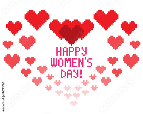 Pixel hearts for a greeting card with an inscription Happy Woman