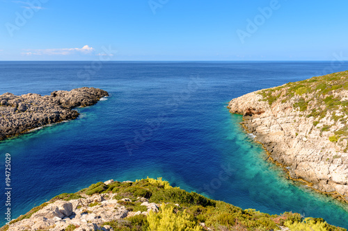 View of bay with crystal sea water next to Korakonisi Island on western side of Zakynthos. Zante, Greece