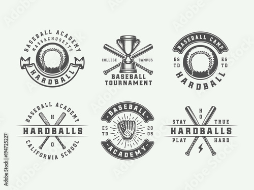 Vintage baseball sport logos, emblems, badges, marks, labels. Monochrome Graphic Art. Vector Illustration.