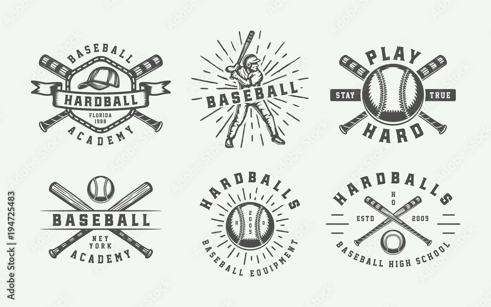 Vintage baseball sport logos, emblems, badges, marks, labels. Monochrome Graphic Art. Illustration.