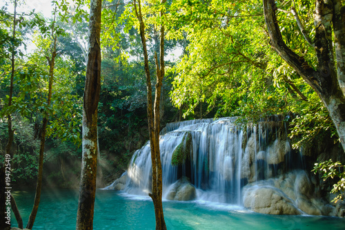 Erawan waterfall with beautiful  in the summer , Kanchanaburi Province, Thailand.