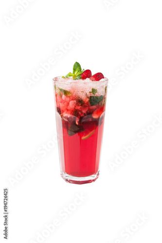 Strawberry Mojito cocktail with ice cubes in glass isolated on white