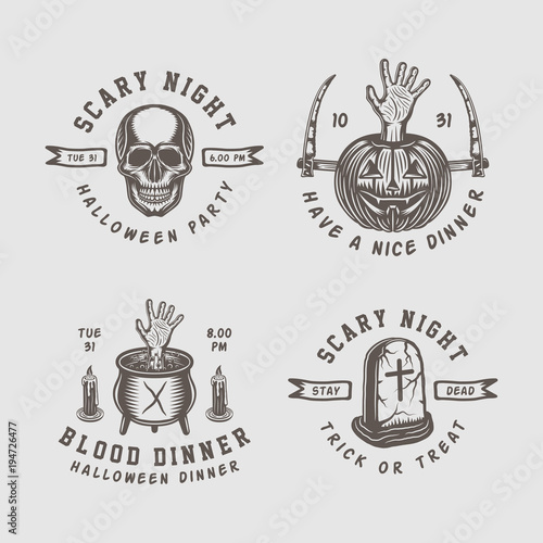 Vintage retro halloween logos, emblems, badges, labels, marks, patches. Monochrome Graphic Art. Illustration. Vector.