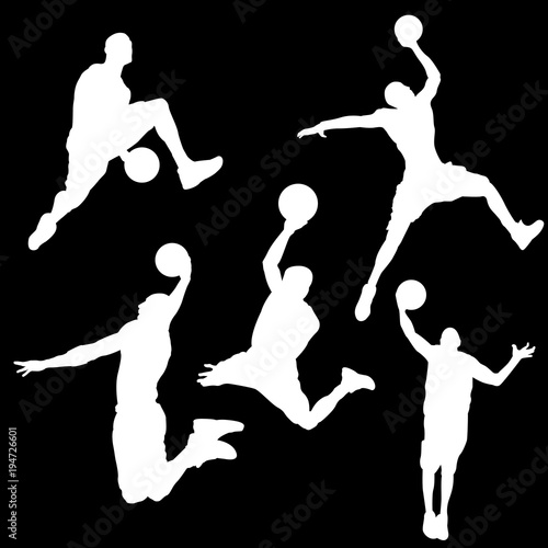 White silhouettes of a basketball player on a black background