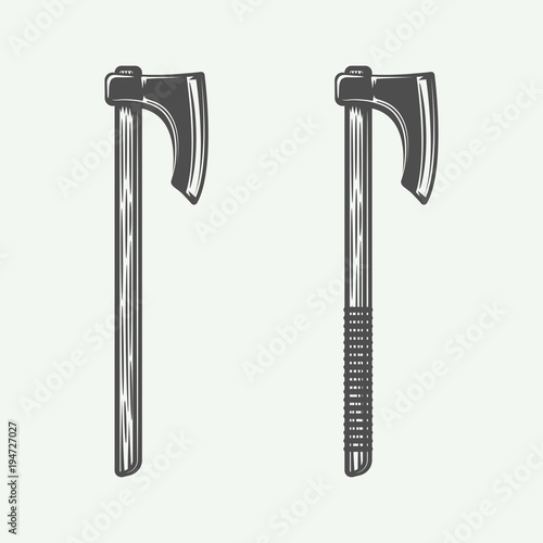 Vintage axes in retro style. Can be used for logo, emblem, badge, label, stamp or mark. Monochrome graphic Art. Vector Illustration.