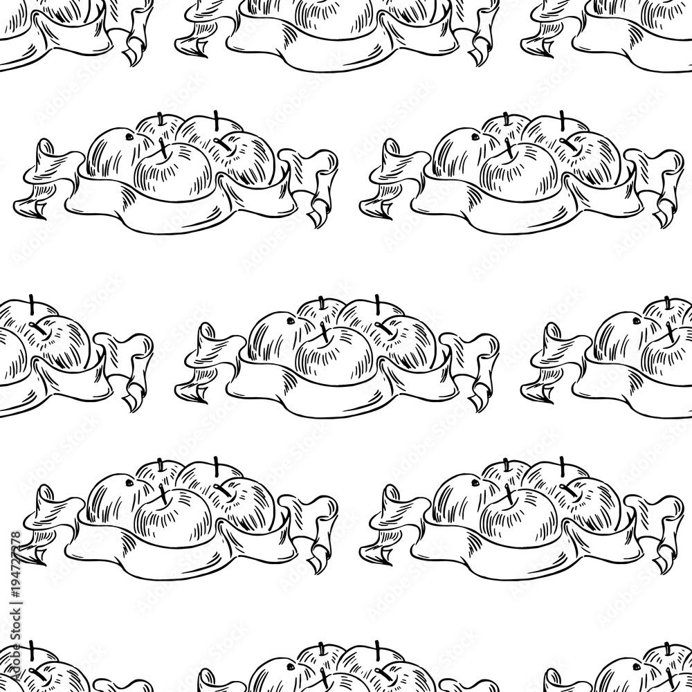 Vector seamless pattern with apples labels. Perfect for surface textures, textile, pattern fills and more creative designs. Digital illustration in black and white.