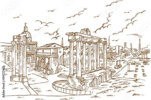 Remains of temples in Foro Romano, Rome, Italy