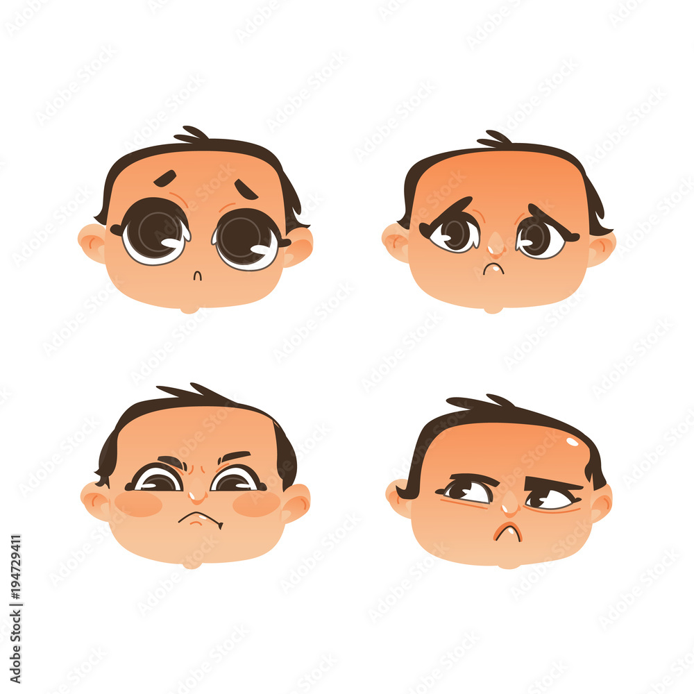 Vector flat baby face with facial expression set. dissapointed unhappy  angry , sad dissatisfied pitiful emotions. Cartoon character portrait.  Isolated illustration white background Stock Vector | Adobe Stock