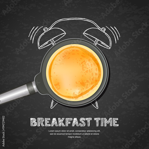 Vector realistic illustration of pan with pancake and hand drawn alarm clock on black board slate background. Top view food on dark background. Creative design for breakfast menu, cafe, restaurant.