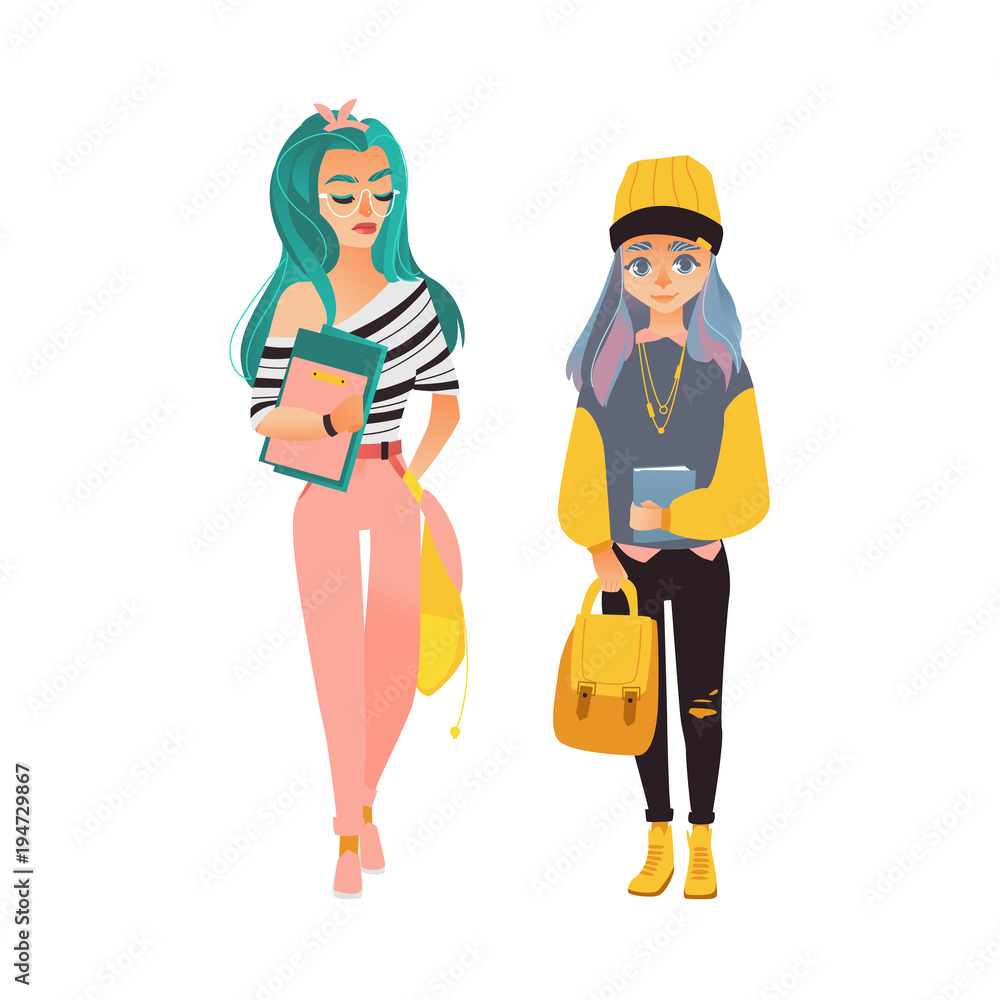 Two student girls, one glamorous, holding books, another in hip-hop style  outfit with backpack, flat cartoon vector illustration isolated on white  background. Two college, university student girls Stock Vector | Adobe Stock