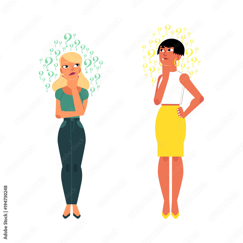 Vector flat young cute caucasian adult women in yellow skirt, jeans set. Beautiful characters standing thoughtful pose holding chin thinking with questions above head. Isolated background illustration