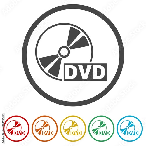 Black dvd icon isolated on white, 6 Colors Included