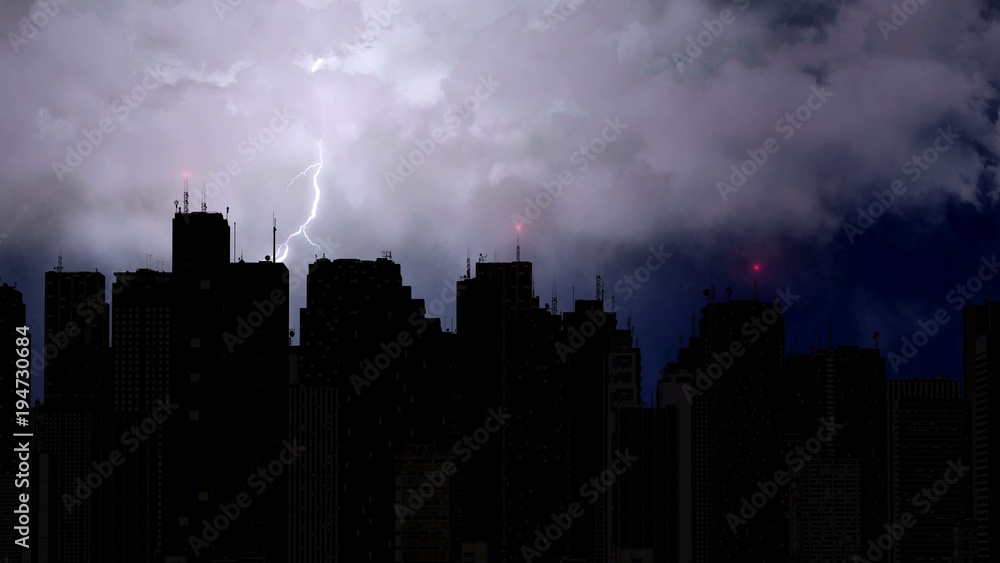 Violent thunderstorm breaks over megalopolis at night, lightning bolt, weather