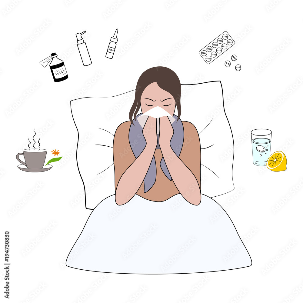 Flu cold or allergy symptom cartoon. Young woman in bed with temperature  sneezing into handkerchief. Flu treatments concept vector illustration  isolated on white background. Stock Vector | Adobe Stock