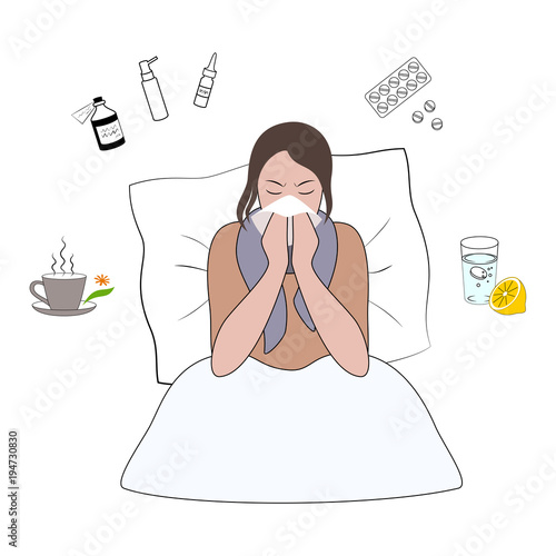 Flu cold or allergy symptom cartoon. Young woman in bed with temperature sneezing into handkerchief. Flu treatments concept vector illustration isolated on white background.