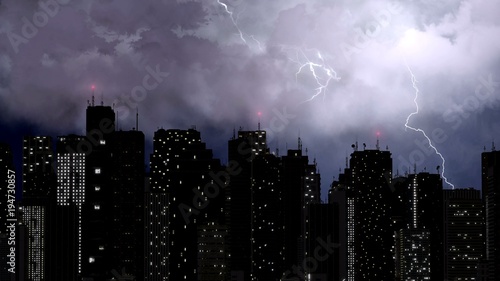 Beautiful view of lightning bolts strike the top of the tallest buildings, city
