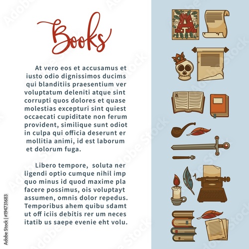 Books literature vector poster of poetry writer writing stationery and novel or detective icons