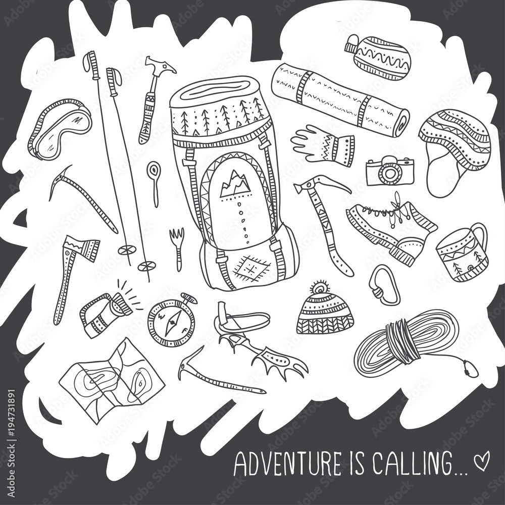 Adventure is calling card with climbing equipment. Adventure is calling card with climbing equipment.