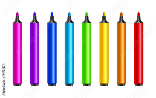 Marker pens, red, green, yellow, purple, blue. Vector set colourful highlighters. Drawing pencil tool. Marker art highlighter