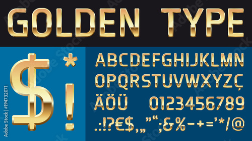 golden glossy vector type with letters, numbers and additional characters
