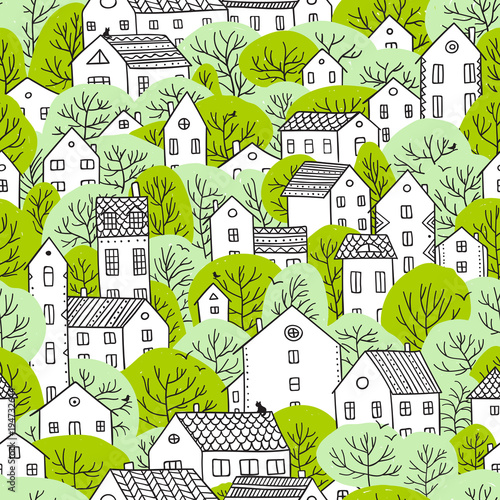 trees and houses seamless pattern spring light green colors
