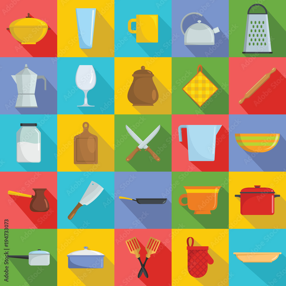 Kitchenware tools cook icons set. Flat illustration of 25 kitchenware tools cook vector icons for web