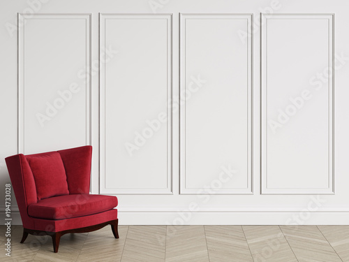 Classic armchair in classic interior with copy space.White walls with mouldings. Floor parquet herringbone.Digital Illustration.3d rendering