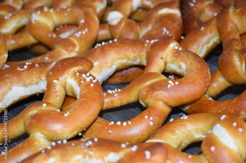 Closeup of freshly baked pretzels