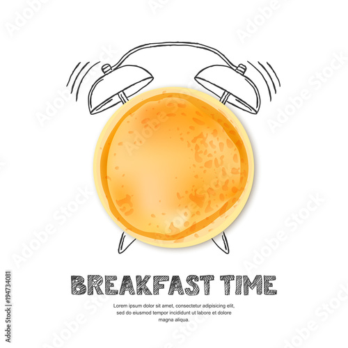 Tasty pancake, letters and hand drawn watercolor alarm clock isolated on white background. Vector design for breakfast menu, cafe, restaurant. Fast food background.