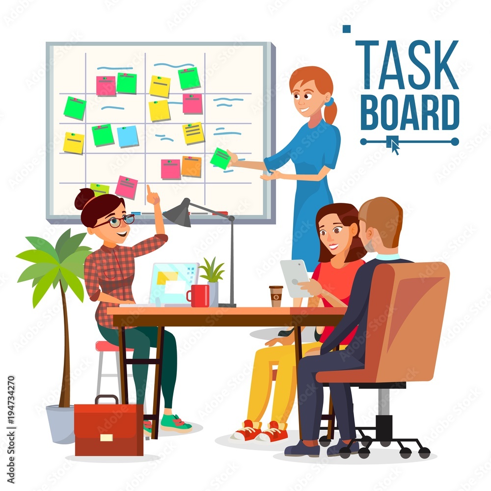 Business Characters Scrum Team Work Vector. Scrum Master. Strategy Planning Meeting. Sticky Note Cards. Isolated Flat Cartoon Illustration Business Characters Scrum Team Work Vector. Scrum Master. Strategy Planning Meeting. Sticky Note Cards. Isolated Flat Cartoon Illustration