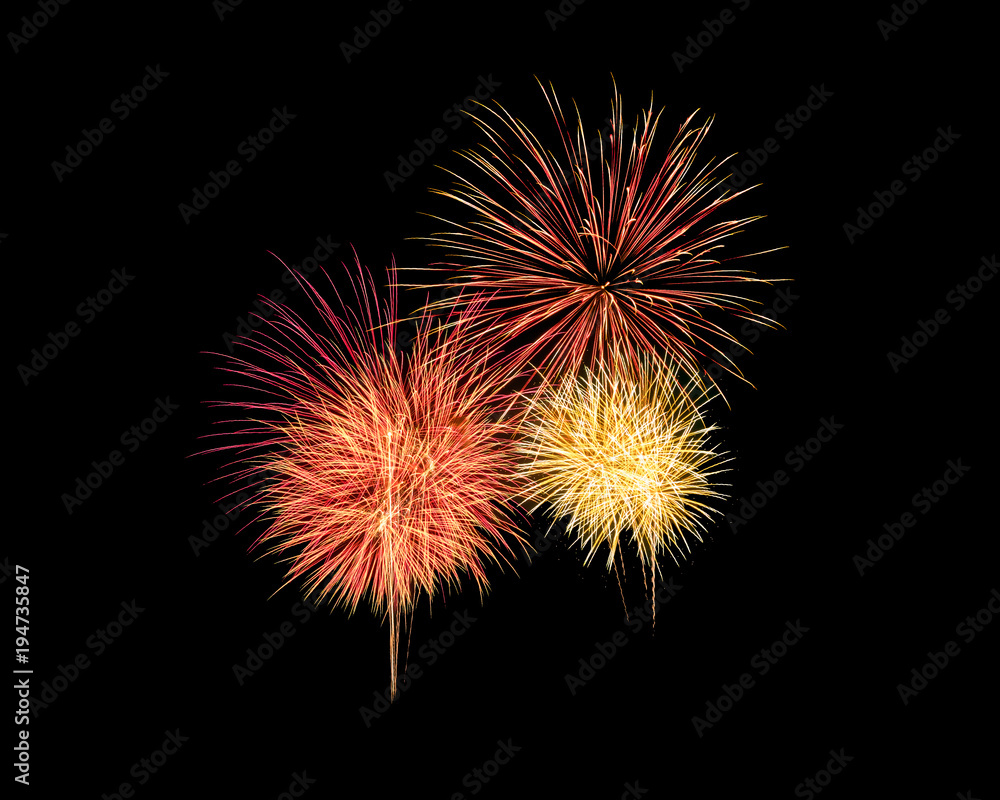 Abstract festive colorful fireworks explosion on black background