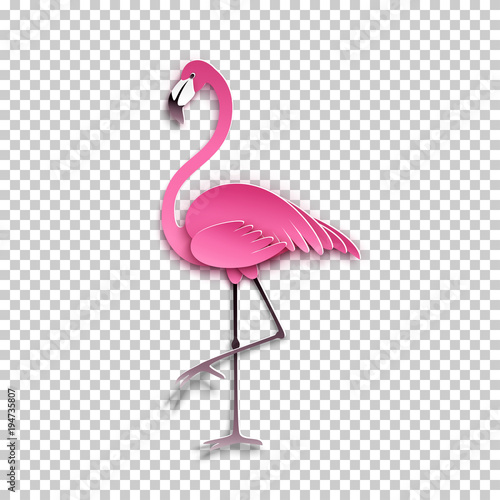 Pink flamingo standing on one leg. African exotic bird, cool sticker for birthday cards, party invitations, for tropical design element. Summer decoration, paper cut out style, vector illustration