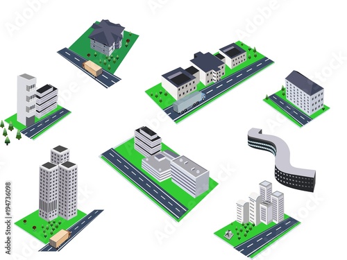 City buildings isometric projection of a 3d vector houses, buildings, houses, yards, parks automobils and other design elements