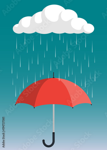Cloud, rain and opened umbrella in the rain. Flat style vector illustration.
