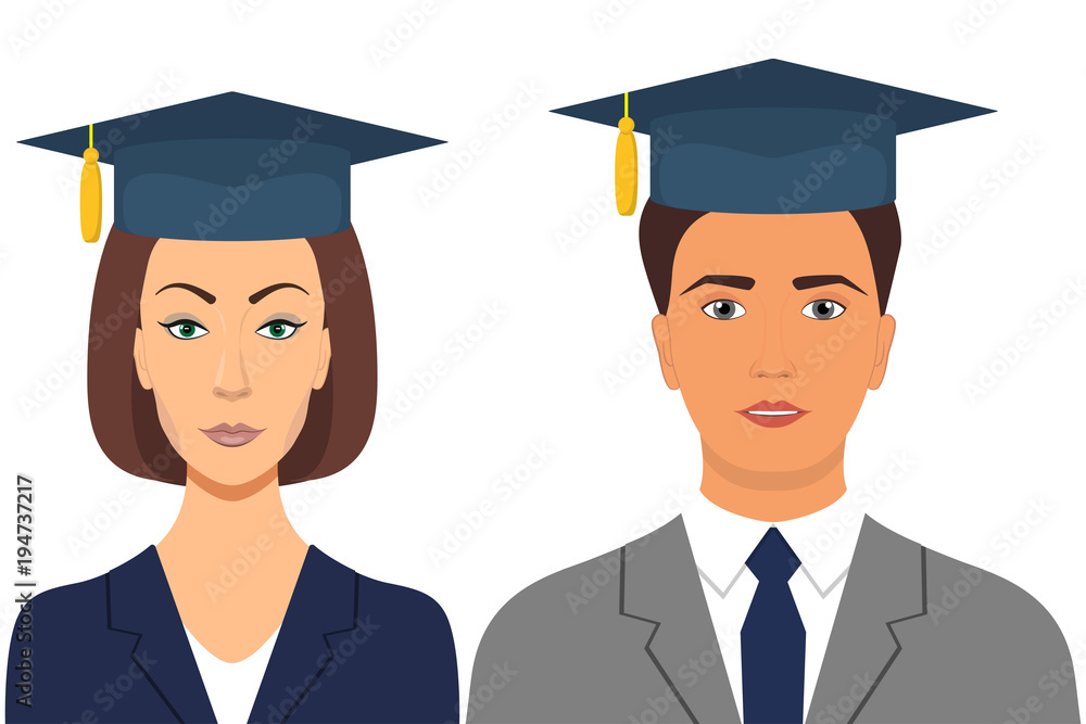 Student s graduation avatars. Man and woman in graduation caps. Vector illustration in flat style. Student s graduation avatars. Man and woman in graduation caps. Vector illustration in flat style.