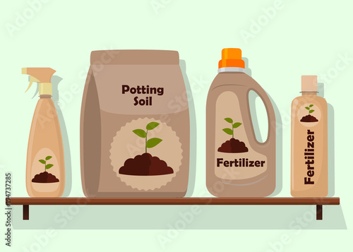 Packing with soil for potted plants. Potting soil, various fertilizers in bottles and spray gun. Vector illustration in flat style.