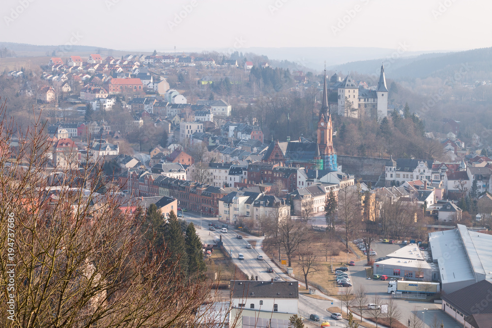 View of the small village Mylau in Thuringia, Germany.