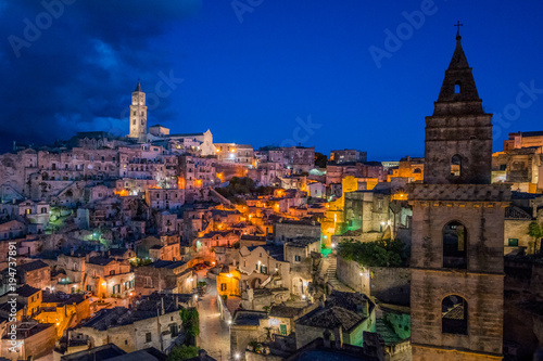 Scenic sight in the "Sassi" district of Matera at sunset, Basilicata, southern Italy.