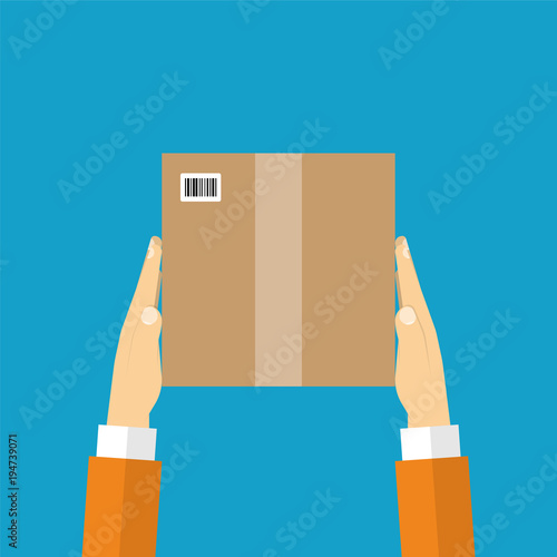 Hand holding package view from above. Delivery concept. Flat des