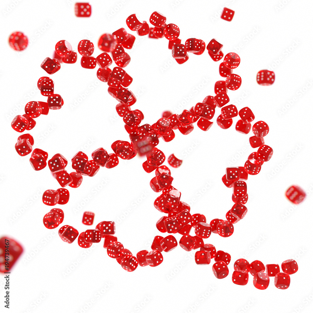 Four-leaved-clover made out of red casino dices stacked together isolated on white background. Luck in gambling concept Four-leaved-clover made out of red casino dices stacked together isolated on white background. Luck in gambling concept