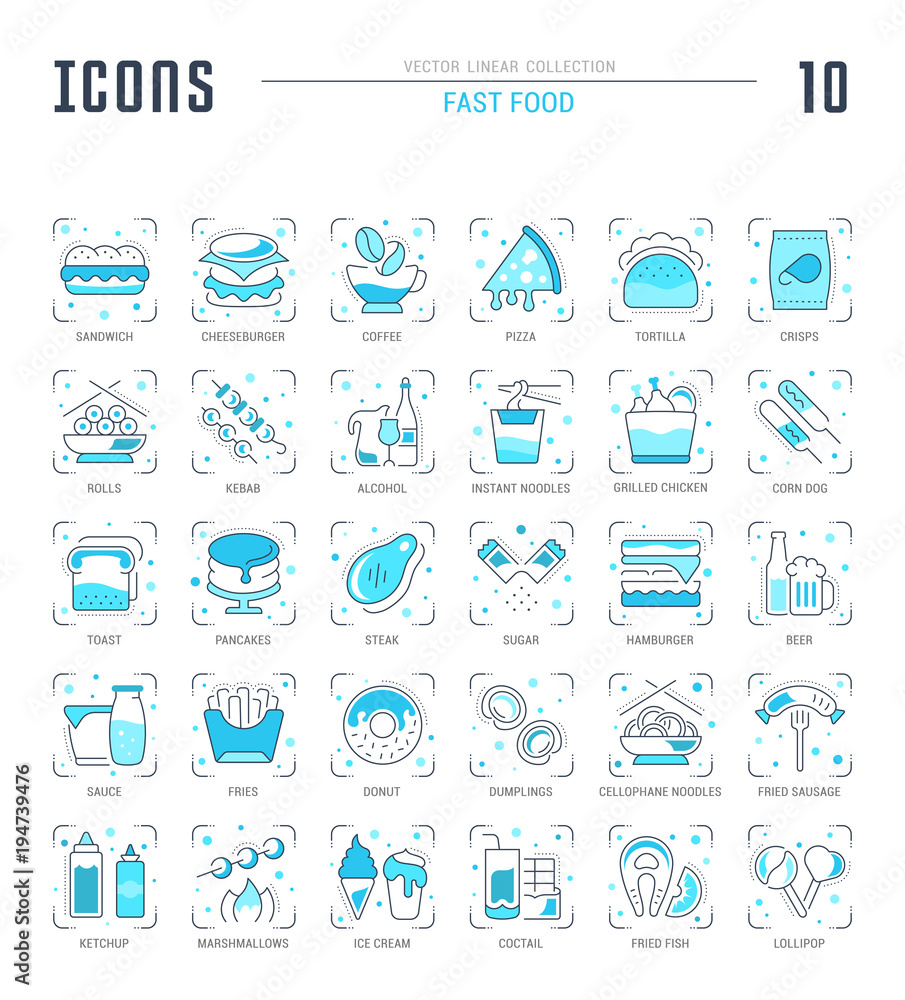 Set Blue Line Icons of Fast Food. Set Blue Line Icons of Fast Food.