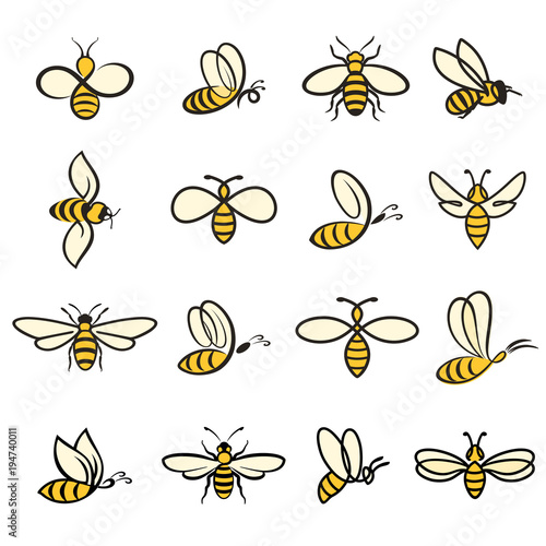 Bee Icons Colour. Bees. Set of bee for honey production. insect icons. Flying bee. vector illustration © 3xy