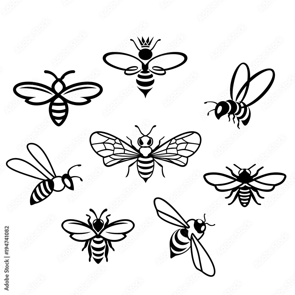 Honey Icons set. Honey bee set. Vector. Set of honey and bee labels for honey logo products. Isolated insect icon. Flying bee. Flat style vector illustration. Honey Icons set. Honey bee set. Vector. Set of honey and bee labels for honey logo products. Isolated insect icon. Flying bee. Flat style vector illustration.