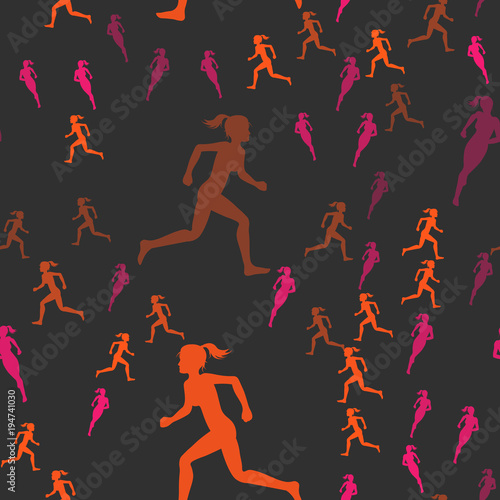 Colored silhouette of a running gir. Run  sport  active people. Seamless pattern.